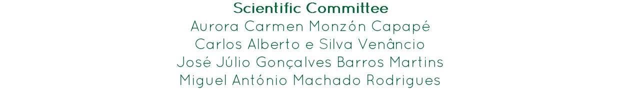 Scientific Committee
Aurora Carmen Monzón Capapé
Carlos Alberto e Silva Venâncio
José Júlio Gonçalves Barros Martins
Miguel António Machado Rodrigues